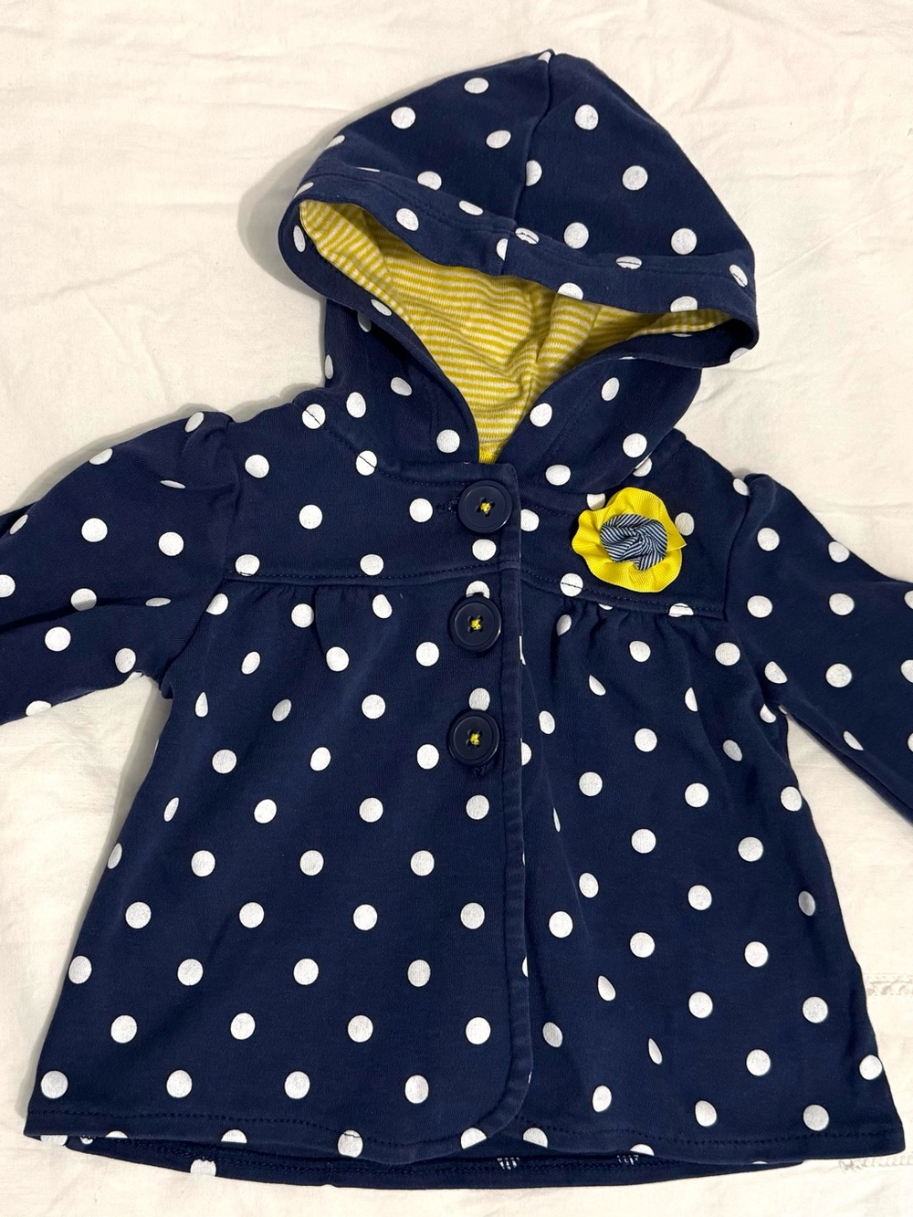 Carters Navy Polka Dot Hooded Baby Girl Jacket with Yellow Flower Accent 9 mos